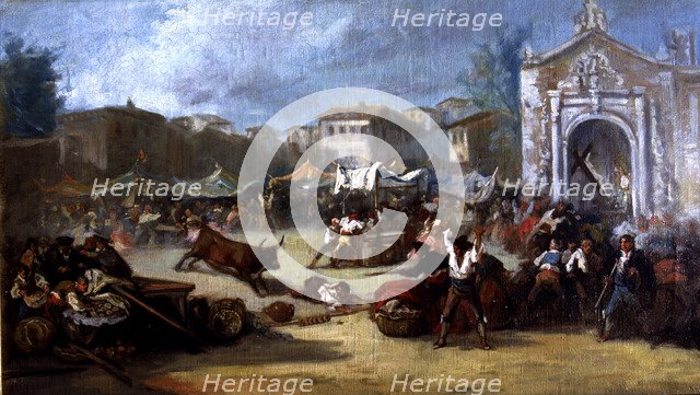  'Bull escaped in a market', oil by Eugenio Lucas Pradilla.