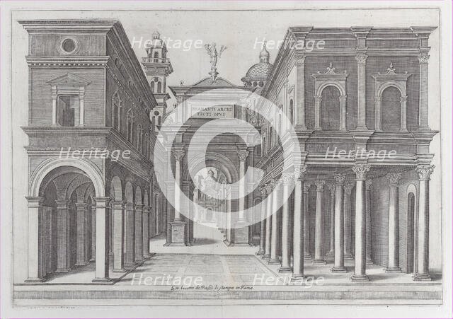 A street with buildings, colonnades and an arch, 1475-1510. Creator: School of Donato d'Agnolo Bramante.