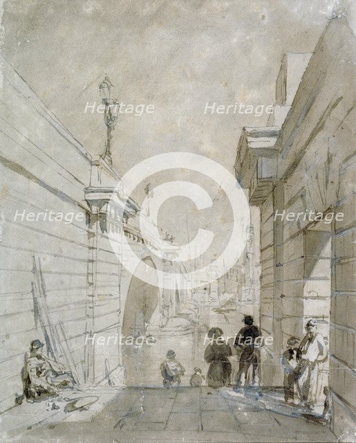 London Bridge looking north from the upper landing of steps near Tooley Street, 1833. Artist: Edward William Cooke