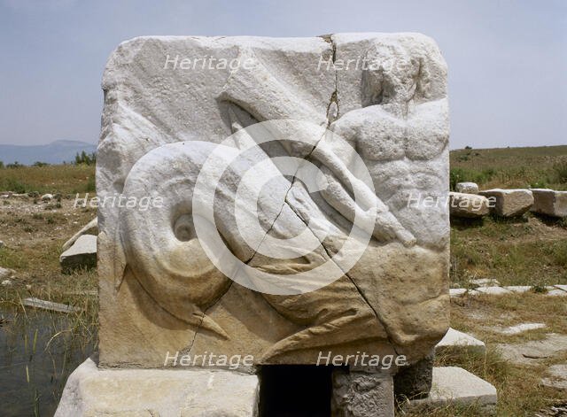 Relief of god Triton, messenger of the sea, Harbor Monument, Miletus, Turkey, 1999.  Creator: LTL.