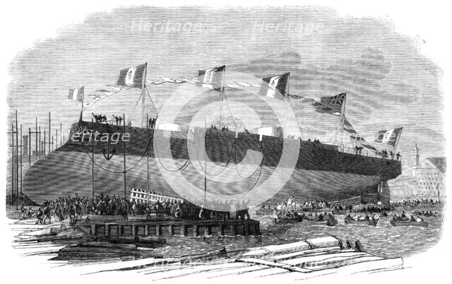 Launch of the Affondatore, iron-clad cupola frigate, built for the King of Italy at Millwall, 1865. Creator: Smyth.