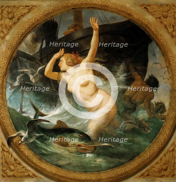 Steam Putting to Flight the Sea Gods (Ceiling painting, Salle des Pas perdus) , 1839-1847. Creator: Vernet, Horace (1789-1863).