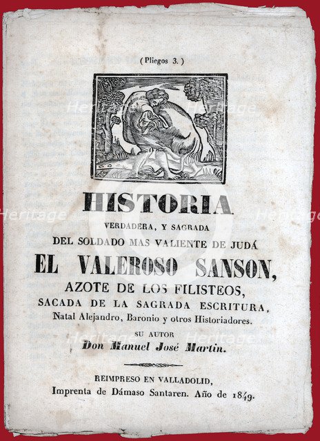 Three sheets booklet with the story 'The brave Samson'. Published in Valladolid, 1849.