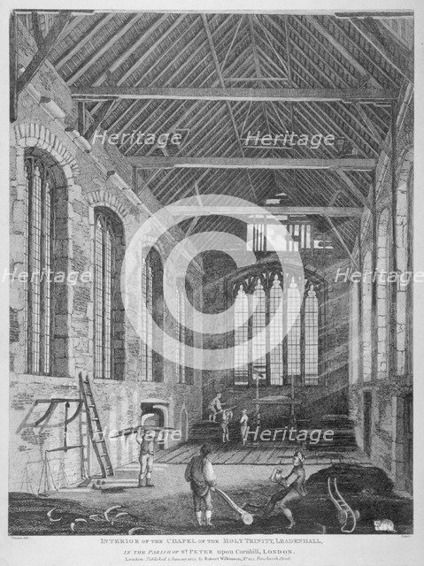 Workmen dismantling Holy Trinity Chapel, Leadenhall Street, City of London, 1825.                    Artist: Thomas Dale