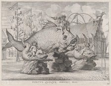 Plate 34: King Ferdinand as Neptune, seated on a whale at center, with putti atop two smal..., 1636. Creators: Jacob Neeffs, Johannes Meursius, Willem van der Beke.