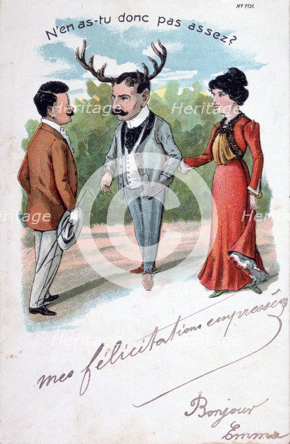 French adultery caricature postcard, c1900. Artist: Unknown