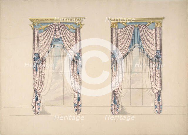 Design for Pink, White and Blue Curtains with Blue Fringes, and Gold and Blue Pediments, c1820. Creator: Anon.