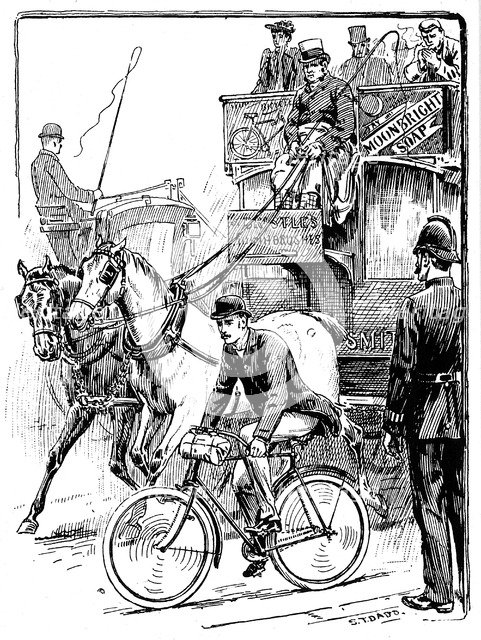 Cyclist in busy London traffic riding a machine of the Rover safety type, 1895. Artist: Stephen T Dadd