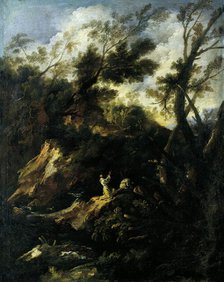 Landscape with Two Praying Monks, 1695-1697. Creator: Antonio Francesco Peruzzini.
