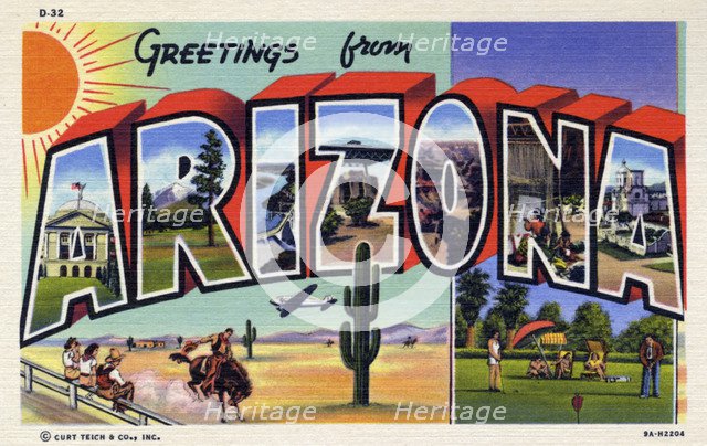 'Greetings from Arizona', postcard, 1939. Artist: Unknown