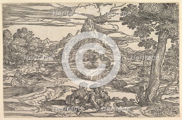 Landscape with a woman seated next to a man playing a hurdy-gurdy, ca. 1540. Creator: Domenico Campagnola.