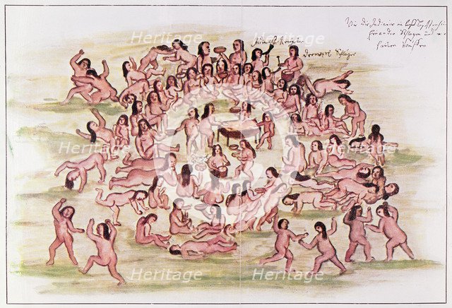 Discovery and Conquest of America, the effects of alcohol on the Indians, drawing from the book '…