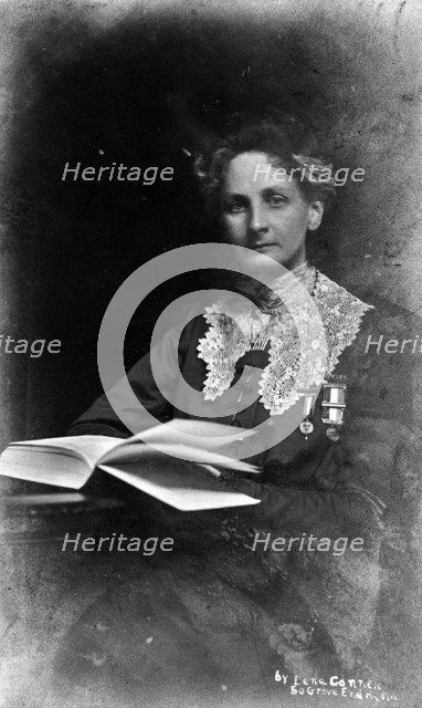 Suffragette, Lady Constance Lytton wearing a prison number badge and hunger strike medal, c1912. Artist: Unknown