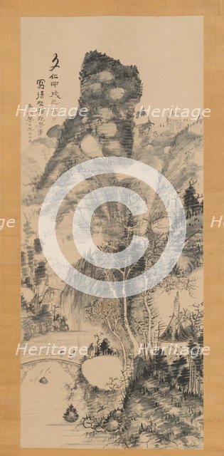 On a Rustic Bridge, Carrying a Zither (Yakyo hokin zu), 1814. Creator: Uragami Gyokudo.