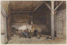 Farmers interior with two men and a woman at a table, also a few chickens and cats, 1827-1891. Creator: Johannes Bosboom.