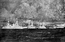 Ironclads of all nations in the Bay of Kiel during a thunderstorm, 1895. Creator: George Meisenbach.