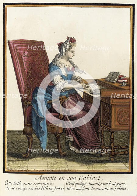 Recueil des modes de la cour de France, 'Aminte en son Cabinet', between circa 1678 and circa 1693. Creator: Nicolas Bonnart.