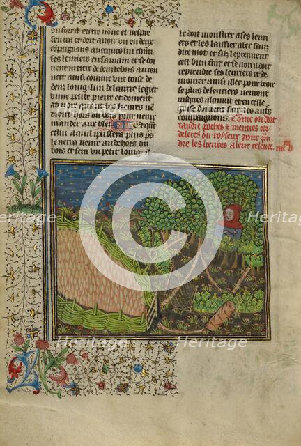 A Hunter and Snares Used to Trap Hares; Livre de la Chasse, about 1430-1440. Creator: Unknown.