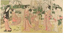 Women viewing dragon and tiger made of tobacco pouches, c. 1795. Creator: Hosoda Eishi.
