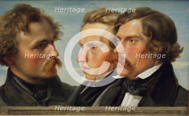 Young Düsseldorf. Group portrait of the painters Karl Friedrich Lessing, Carl Ferdinand Sohn and Theodor Hildebrandt, 1839. Artist: Huebner, Julius (1806-1882)