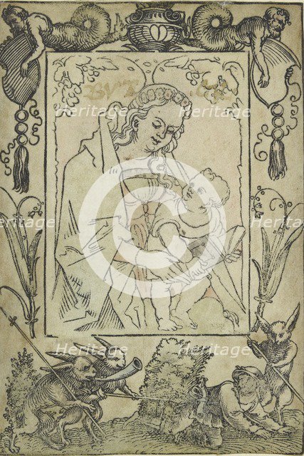 The Virgin and Child surrounded by a border with a hunter and some rabbits, 16th century. Artist: Sebald Beham.