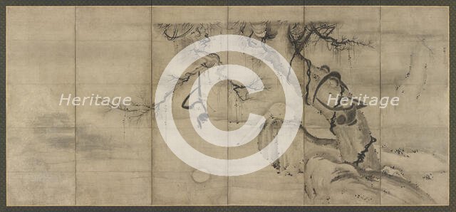 Monkeys and trees on a river bank, Momoyama period, mid-late 16th century. Creator: Sesson Shukei.