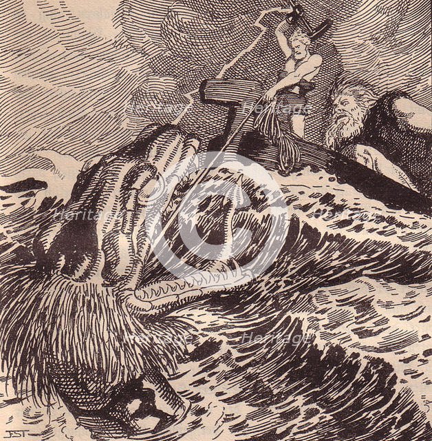 Thor and Hymir Fishing. Illustration for The Edda: Germanic Gods and Heroes by Hans von Wolzogen. Artist: Stassen, Franz (1869-1949)