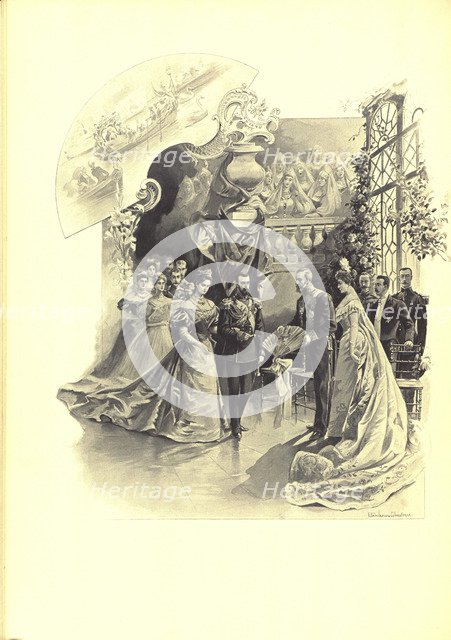 Alexandra Fyorodovna and Nicholas II during the ceremonial reception at the French Embassy, 1899. Artist: Samokish-Sudkovskaya, Elena Petrovna (1863-1924)