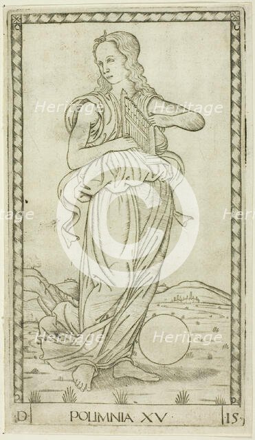 Polyhymnia, plate fifteen from Apollo and the Muses, c.1465. Creator: Unknown.