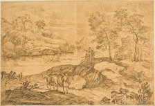 River Landscape with Man and Donkey, Bathers, n.d. Creator: Unknown.