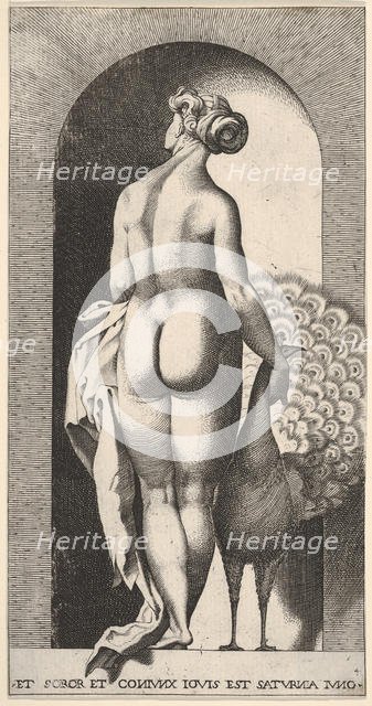 Plate 4: Juno standing in a niche, viewed from behind, stroking a peacock to her right, fr..., 1526. Creator: Giovanni Jacopo Caraglio.