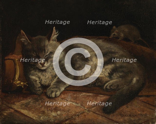 Sleeping Grey Cat and a Rat, 1864. Creator: Adolf von Becker.