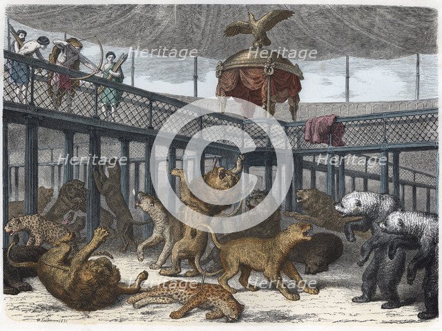 Roman dignitaries killing beasts in the amphitheater, engraving 1870.