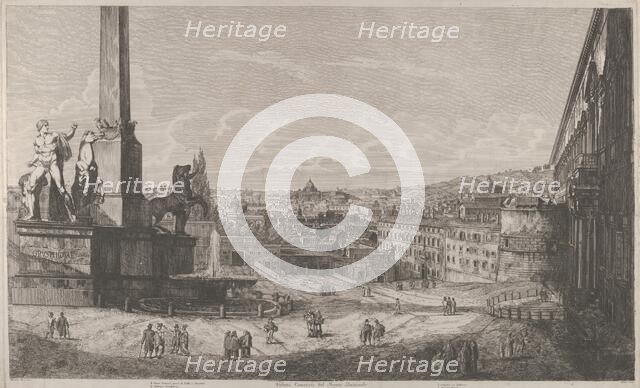 View of the Quirinal Hill in Rome with the fountain of the horse tamers at left, 1822. Creator: Luigi Rossini.