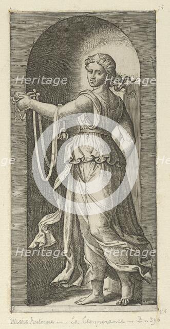 Temperance personfied by a woman standing in a niche holding a bit, from 'The Virtu..., ca. 1515-25. Creator: Marcantonio Raimondi.