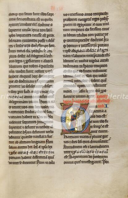 Initial O: A Prophet Instructing a Woman with a Mirror; Marquette Bible, about 1270. Creator: Unknown.