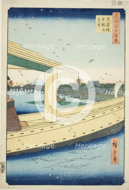 Distant View of Azuma Bridge and Kinryuzan Temple (Azumabashi Kinryuzan enbo), from the se..., 1857. Creator: Ando Hiroshige.