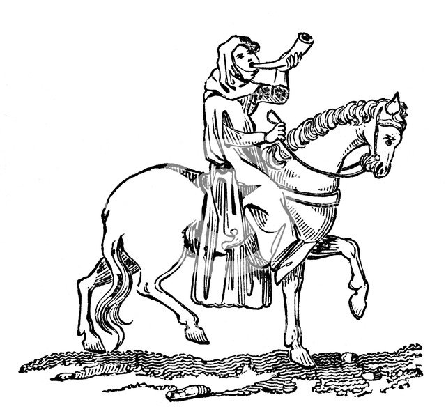 Lady blowing a hunting horn, 14th century, (1833). Artist: Unknown