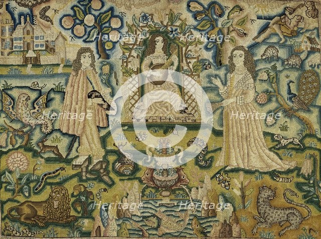 An embroidered panel with a woman playing a guitar, 17th century. Artist: Unknown