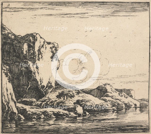Eight landscapes. Plate 2. Cliffs forming the bank of a river, 1640-51. Creator: Herman Naiwincx.