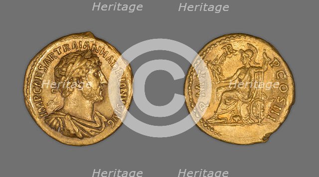 Aureus (Coin) Portraying Emperor Hadrian, 120-123, issued by Hadrian. Creator: Unknown.