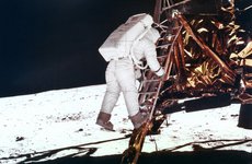 Thumbnail image of Edwin Buzz Aldrin descends the steps of the Lunar Module ladder to walk on the Moon, 1969.Artist: NASA