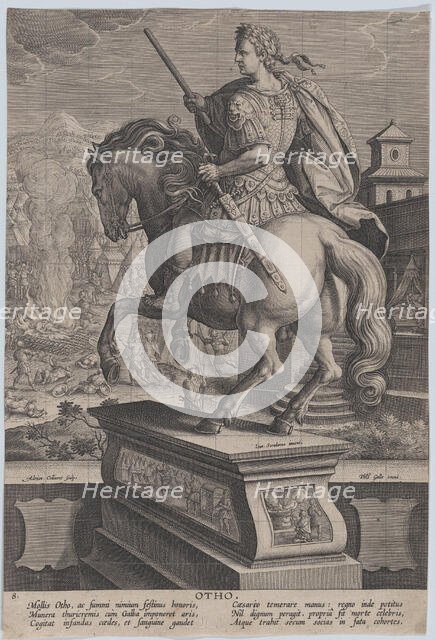 Plate 8: equestrian statue of Otho, seen from behind, his death scene in the backgr..., ca. 1587-89. Creator: Adriaen Collaert.