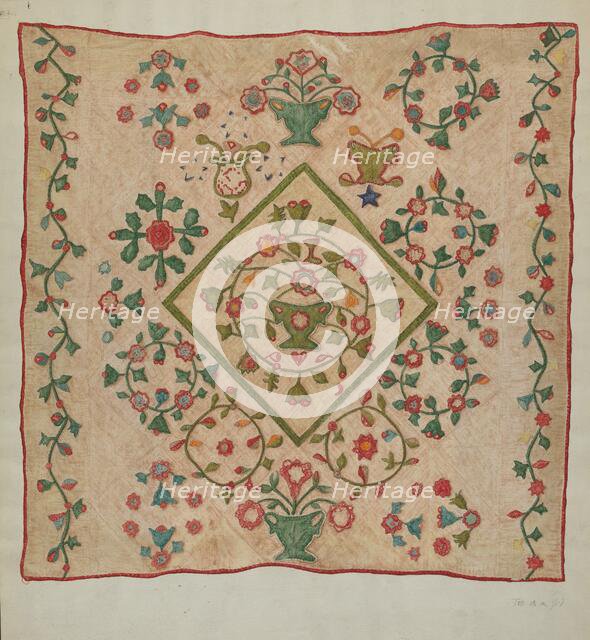 Applique Quilt, 1935/1942. Creator: Mildred E Bent.