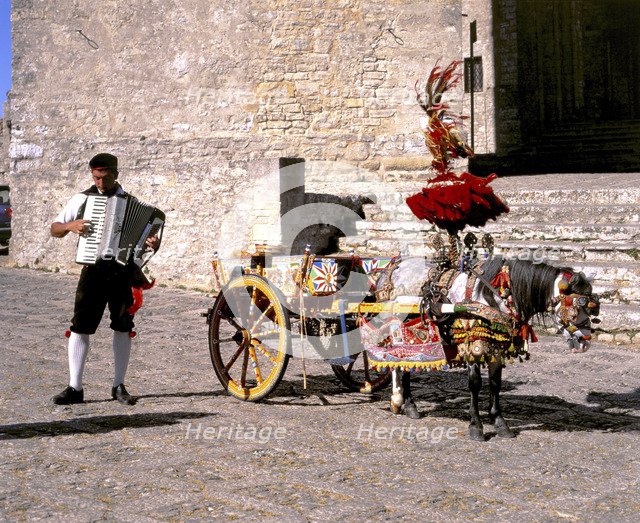 Man with accordion and decorated pony and cart, Erice, Sicily.