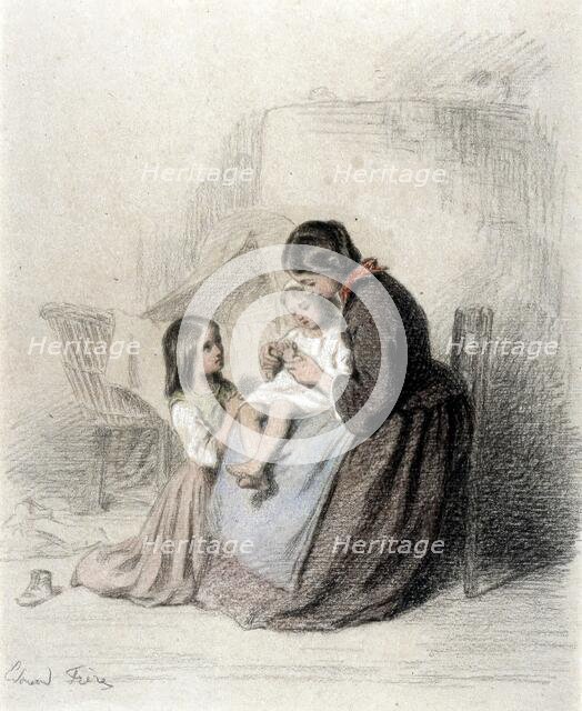 Interior with Woman Teaching Child to Pray, 1819-1886. Creator: Pierre Edouard Frere.