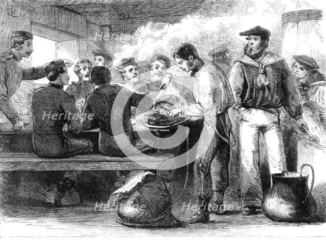 The Reinforcements for Canada: dinner-time and serving out of the grog on board a troop..., 1862. Creator: Unknown.