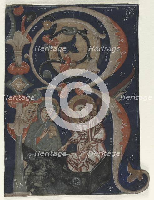 Historiated Initial (R) Excised from a Gradual: The Three Marys at the Tomb, c. 1200-1230. Creator: Unknown.