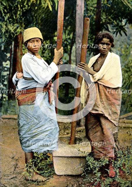 Women pounding rice, Madagascar,  late 19th century. Artist: Unknown