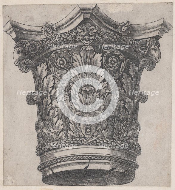 Speculum Romanae Magnificentiae: Capital with ram heads and masks, ca. 1537., ca. 1537. Creator: Master GA.